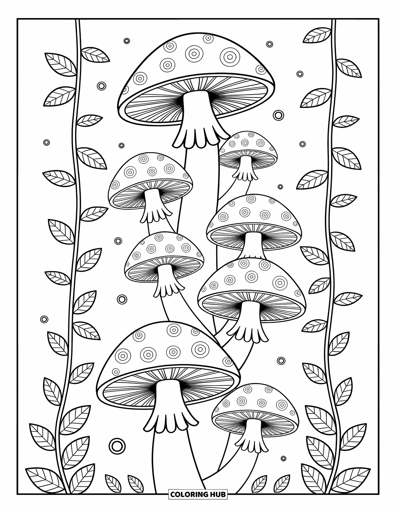 Trippy Mushroom Coloring Page for Adults: Spiraling mushrooms climb like stairs with vines and floating orbs all around