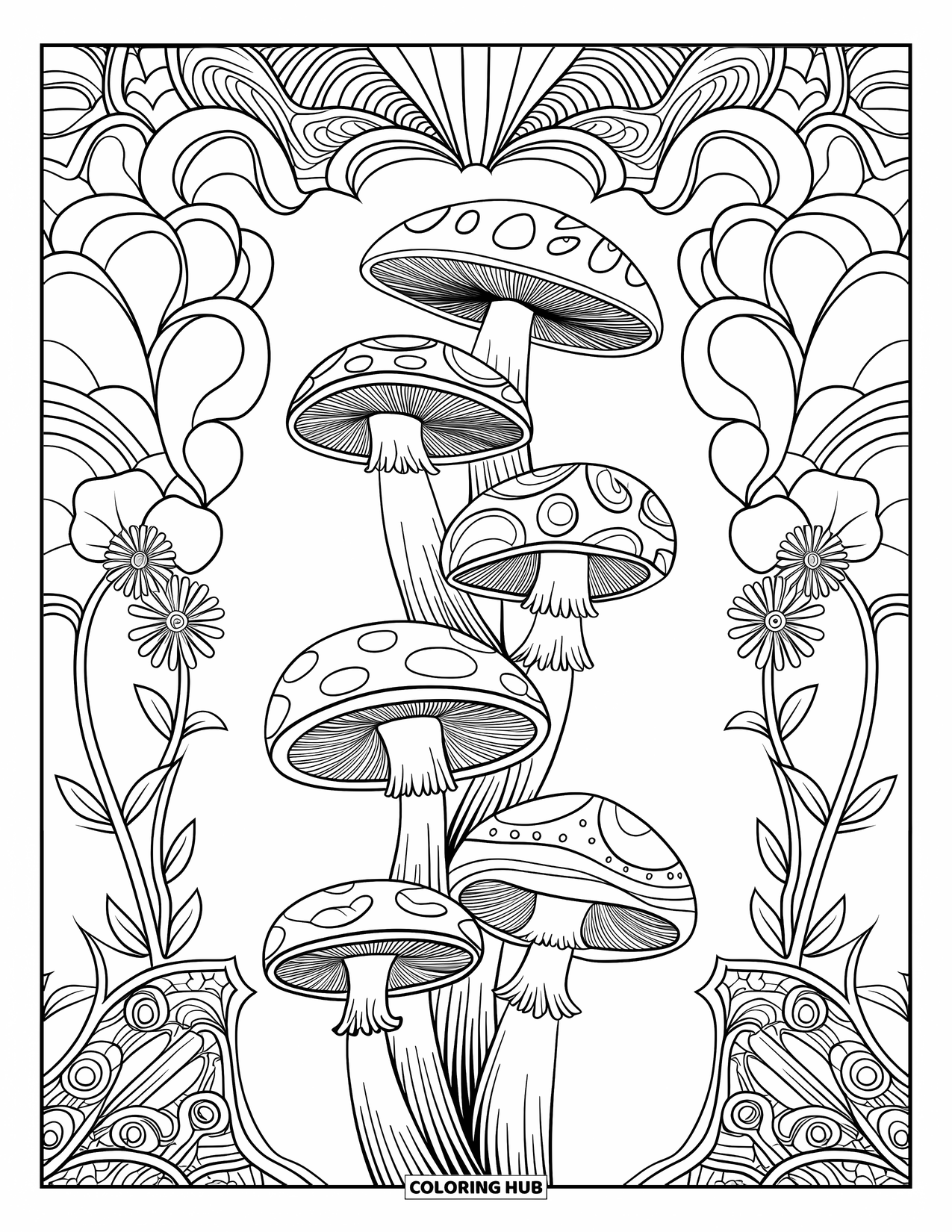Trippy Mushroom Coloring Page for Adults: Tall mushrooms climb upward between swirly vines and floral line details