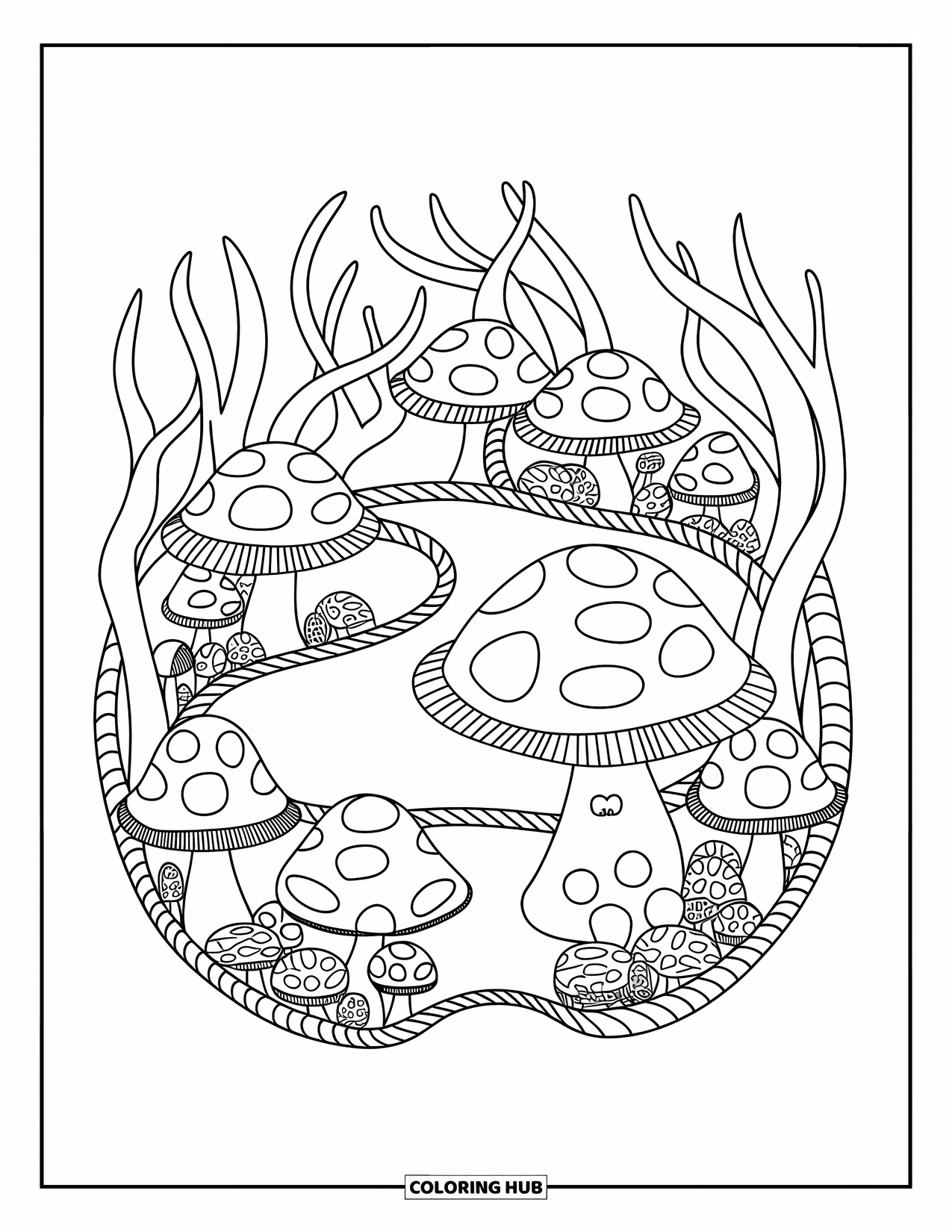 Trippy Mushroom Coloring Page for Adults: Whimsical mushroom homes with zigzag caps connect by bridges in a circular grove