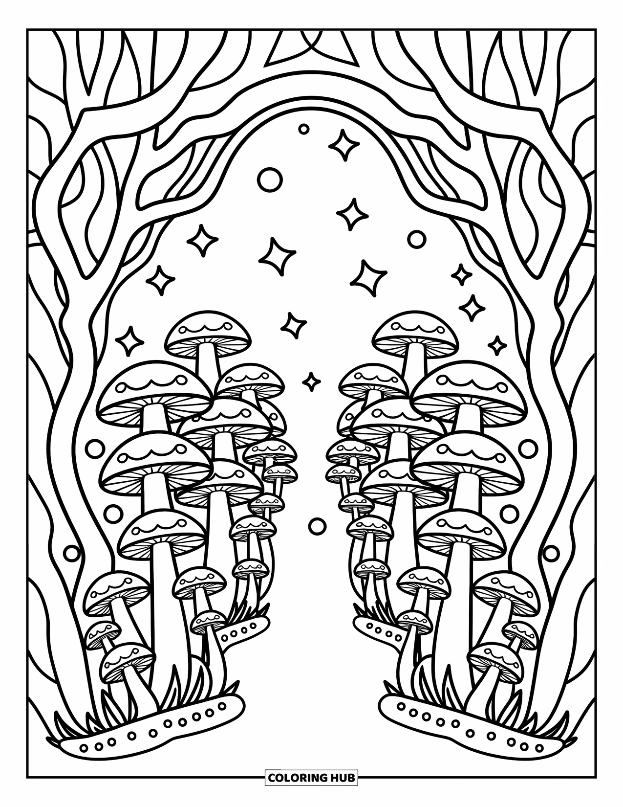 Trippy Mushroom Coloring Page for Adults: Whimsical mushrooms spiral around a glowing portal framed by stars and twisty branches