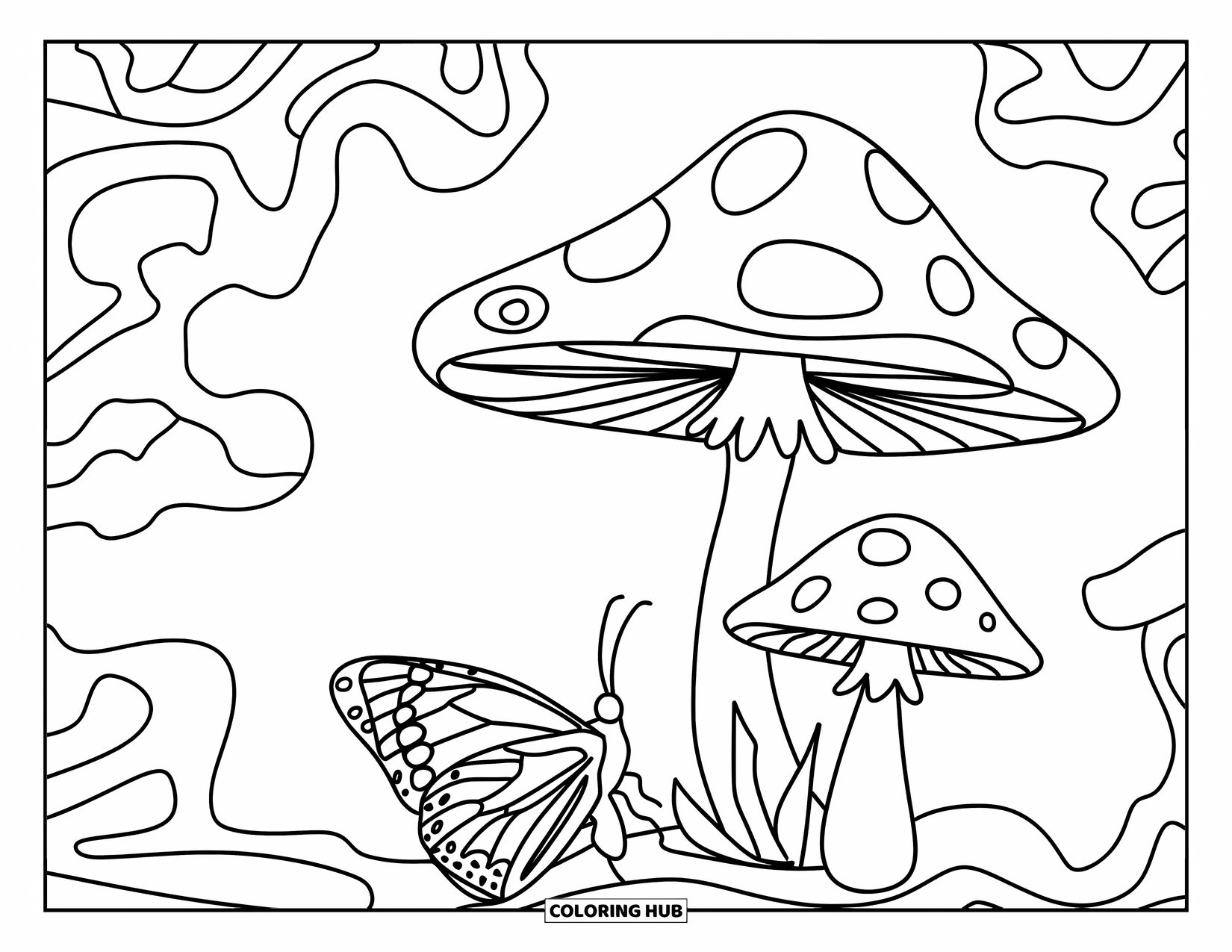 Trippy Mushroom Coloring Page for Kids: A butterfly lands beside two mushrooms with curly clouds floating above