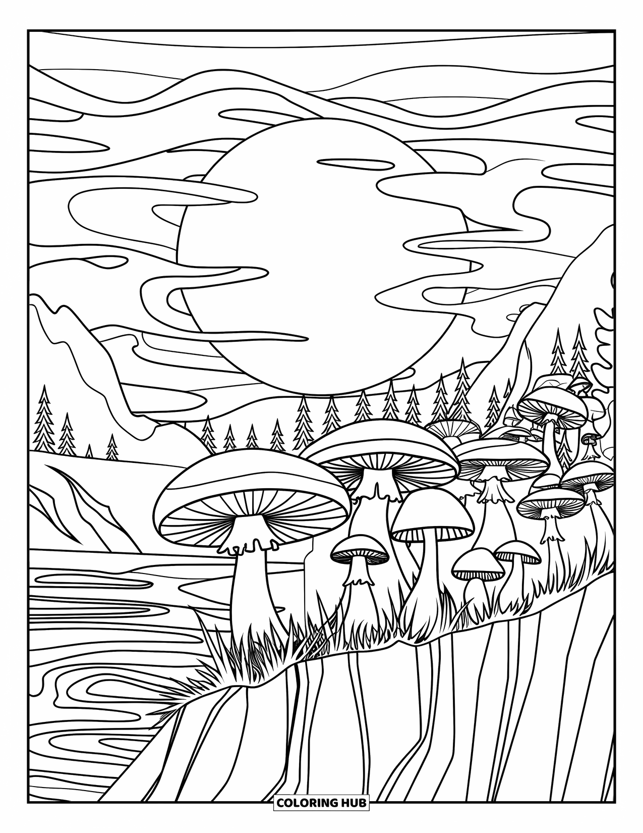 Trippy Mushroom Coloring Page for Kids: A cliff of patterned mushrooms glows under a full moon with a dreamy forest view