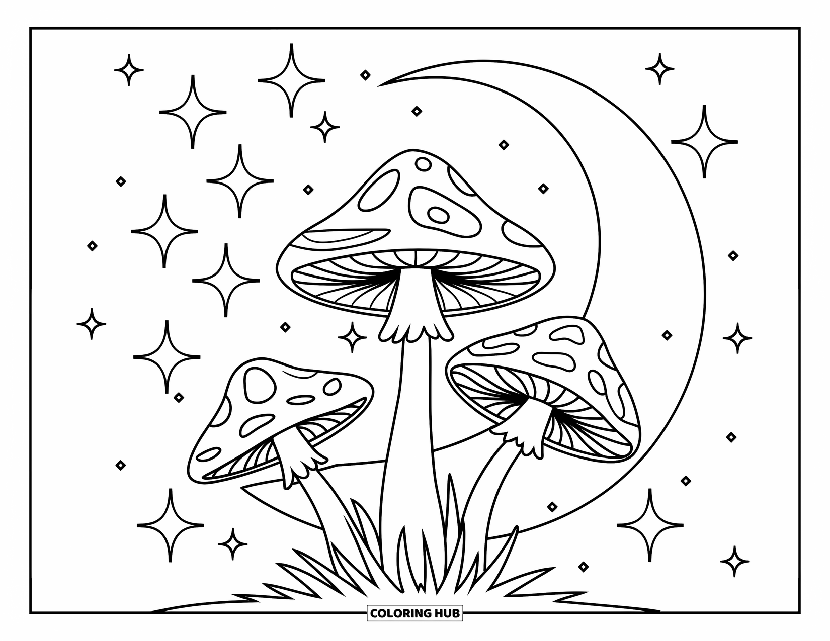 Trippy Mushroom Coloring Page for Kids: A crescent moon glows above three wavy-capped mushrooms and stars