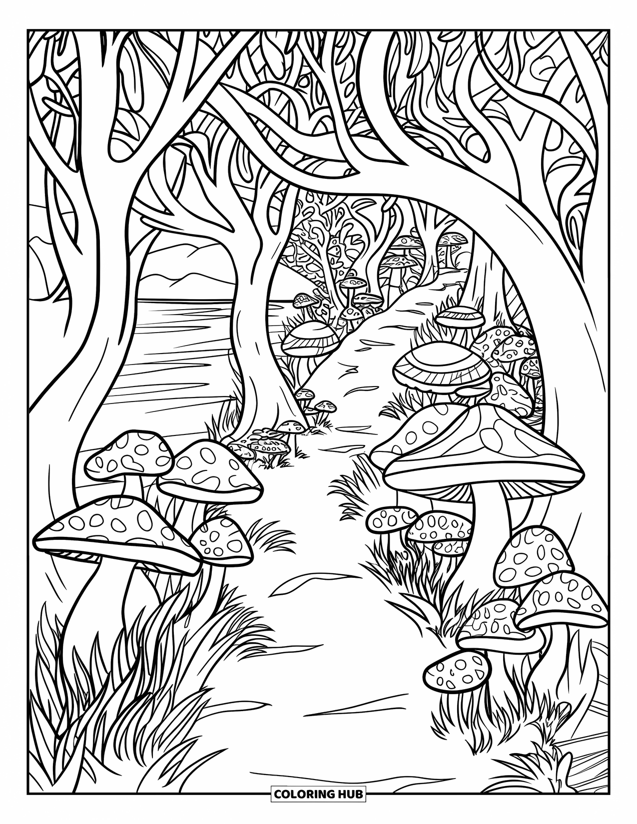 Trippy Mushroom Coloring Page for Kids: A forest trail winds through mushrooms and tree branches with a lake in the distance