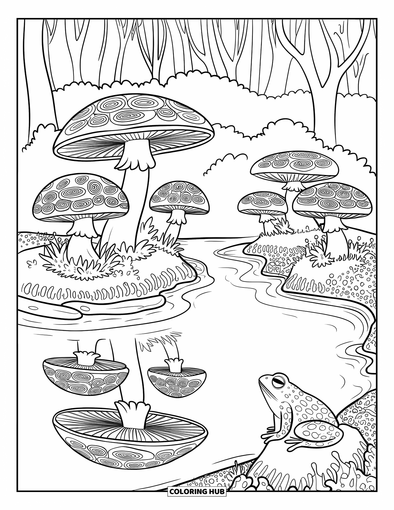 Trippy Mushroom Coloring Page for Kids: A frog rests near patterned mushrooms by a calm forest pond