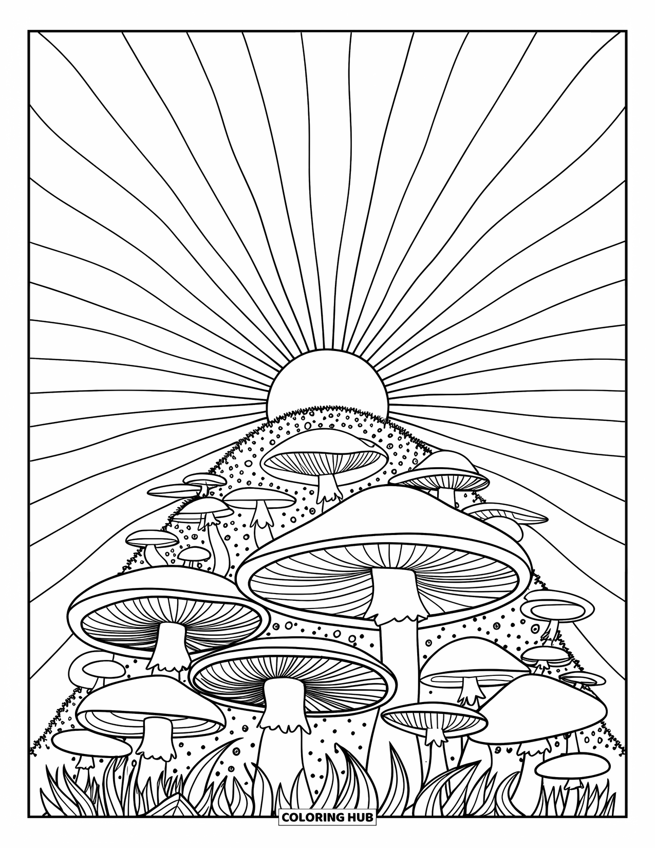 Trippy Mushroom Coloring Page for Kids: A hill full of layered mushrooms sits under a swirling sunburst sky
