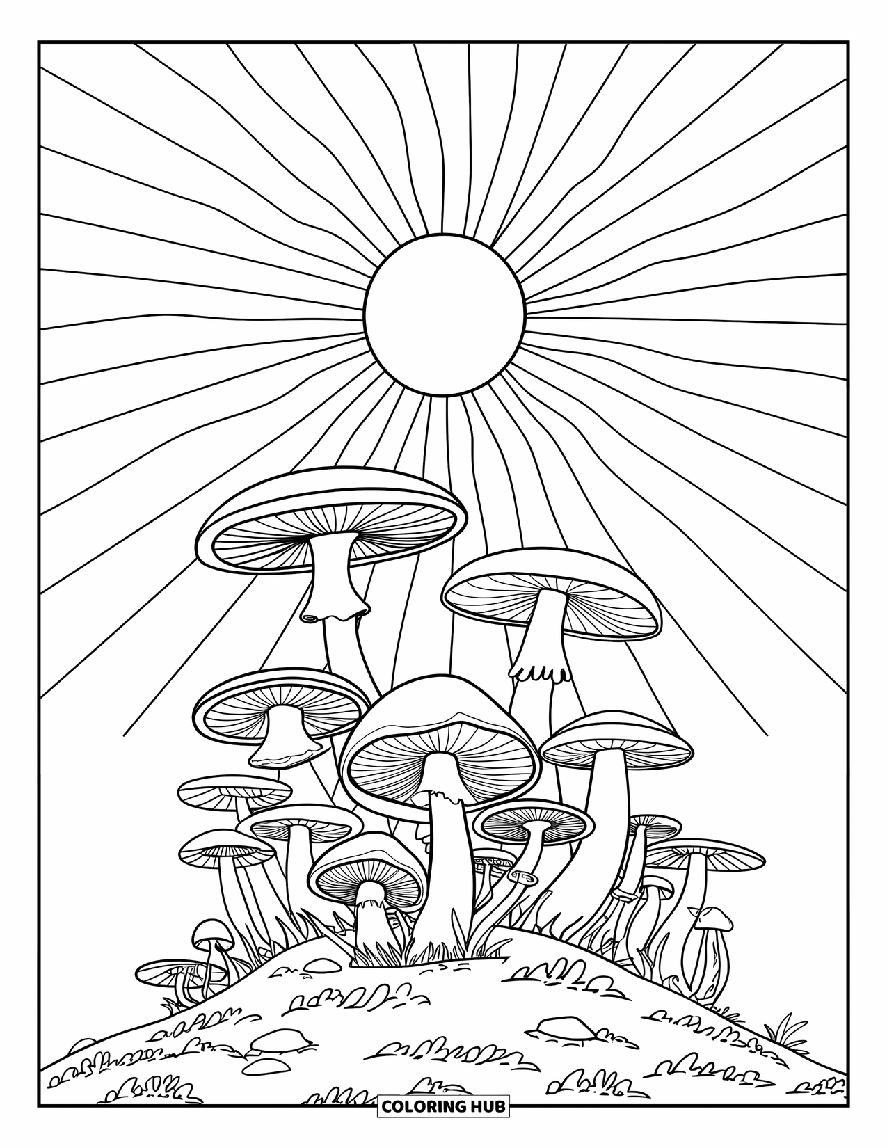Trippy Mushroom Coloring Page for Kids: A hill of trippy mushrooms rises under swirling sun rays and open sky