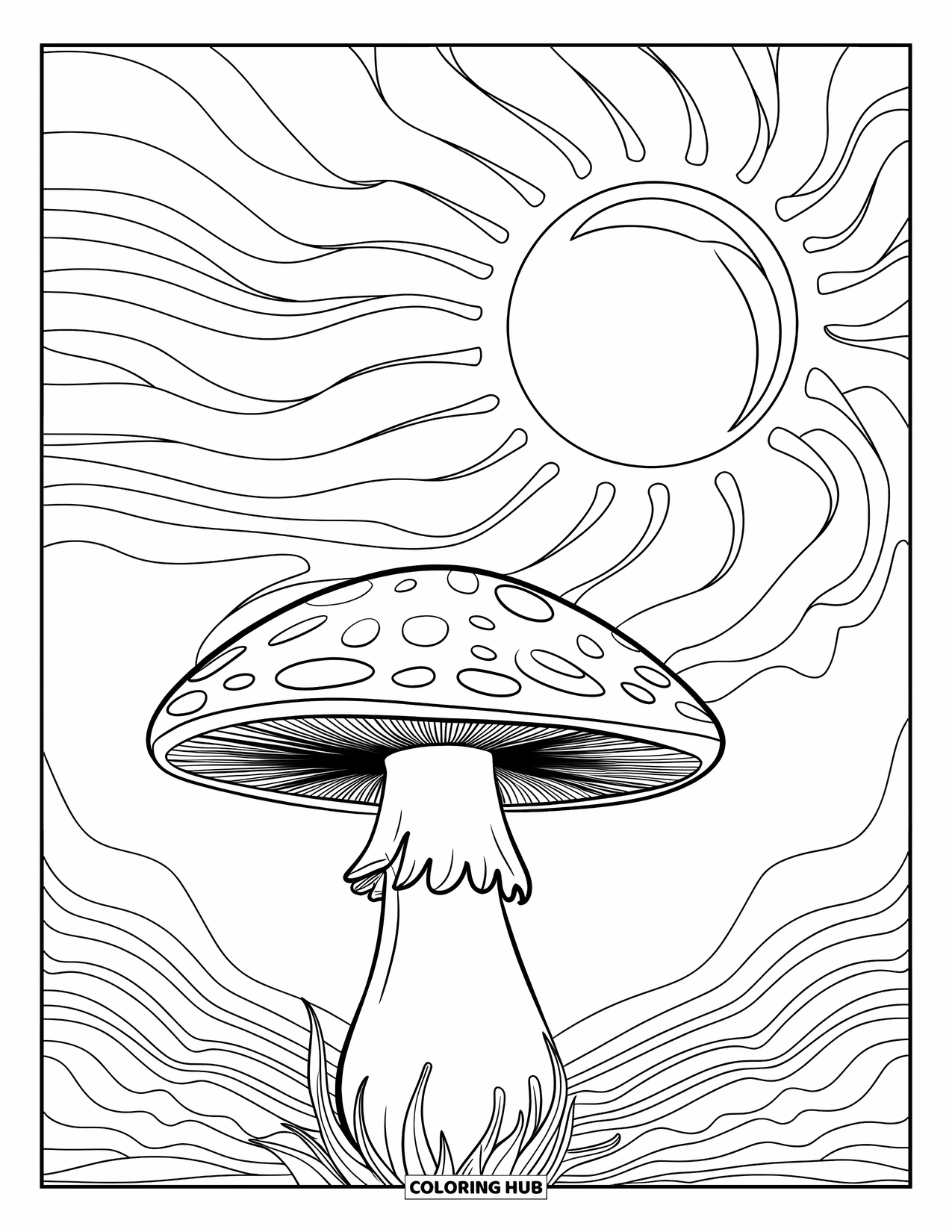 Trippy Mushroom Coloring Page for Kids: A large mushroom sits under a swirling sun and bold sky