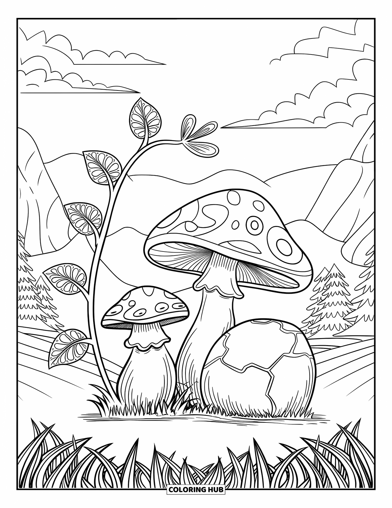 Trippy Mushroom Coloring Page for Kids: A mushroom and vine sit beside a cracked rock on grassy ground
