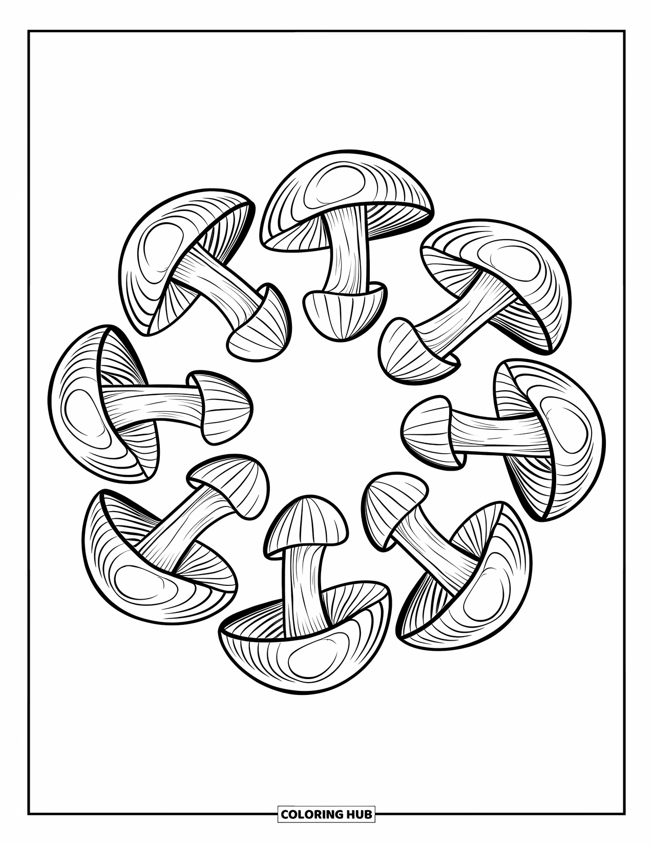 Trippy Mushroom Coloring Page for Kids: A ring of mushrooms with patterned caps forms a forest circle