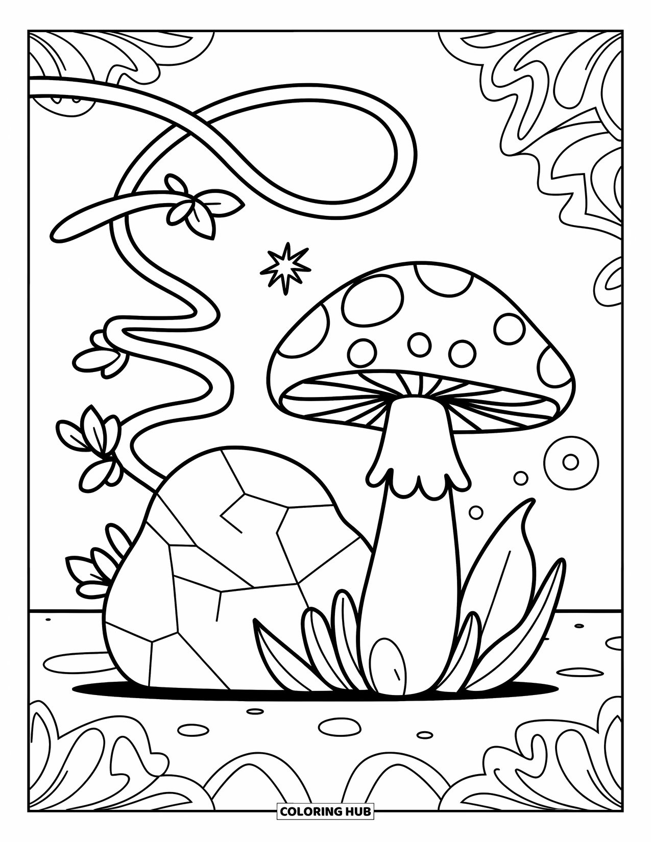 Trippy Mushroom Coloring Page for Kids: A smiling mushroom with a star grows beside a coiled vine and rock