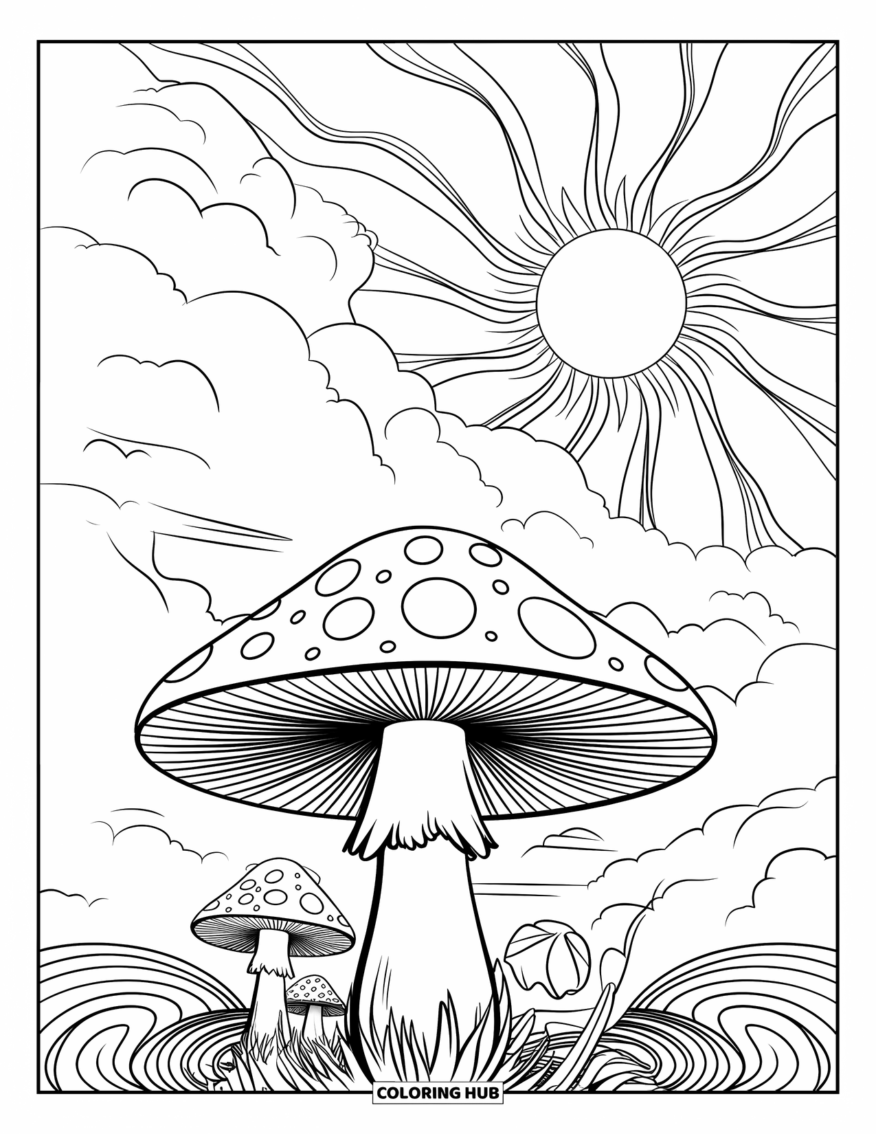 Trippy Mushroom Coloring Page for Kids: A trippy mushroom sits beneath swirling skies and dreamy sun lines