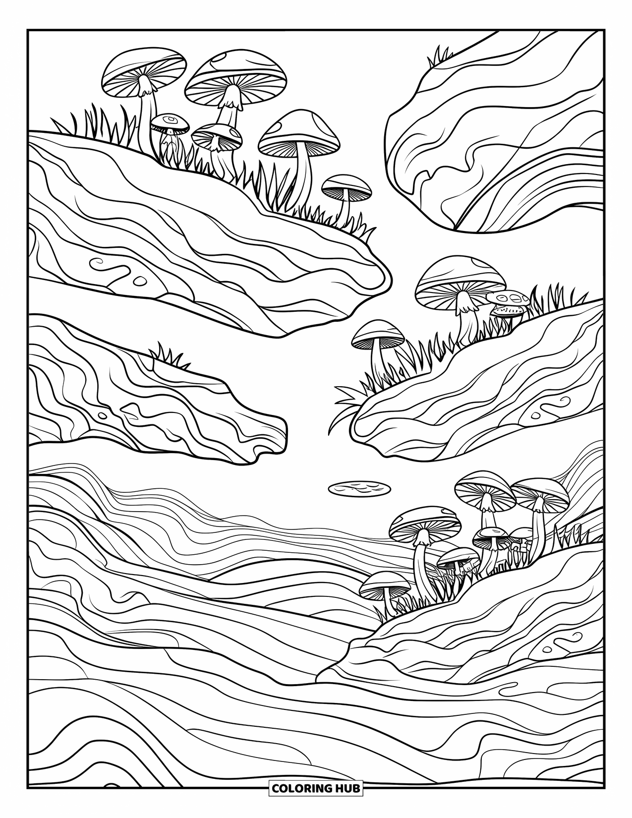 Trippy Mushroom Coloring Page for Kids: Floating rocks with wild mushrooms hover above a rippling, wavy forest floor