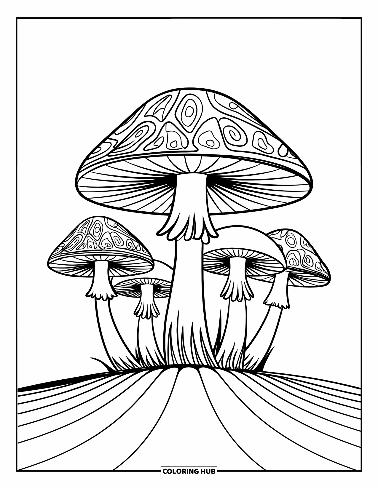 Trippy Mushroom Coloring Page for Kids: Four swirling mushrooms line up on a smooth, curving field