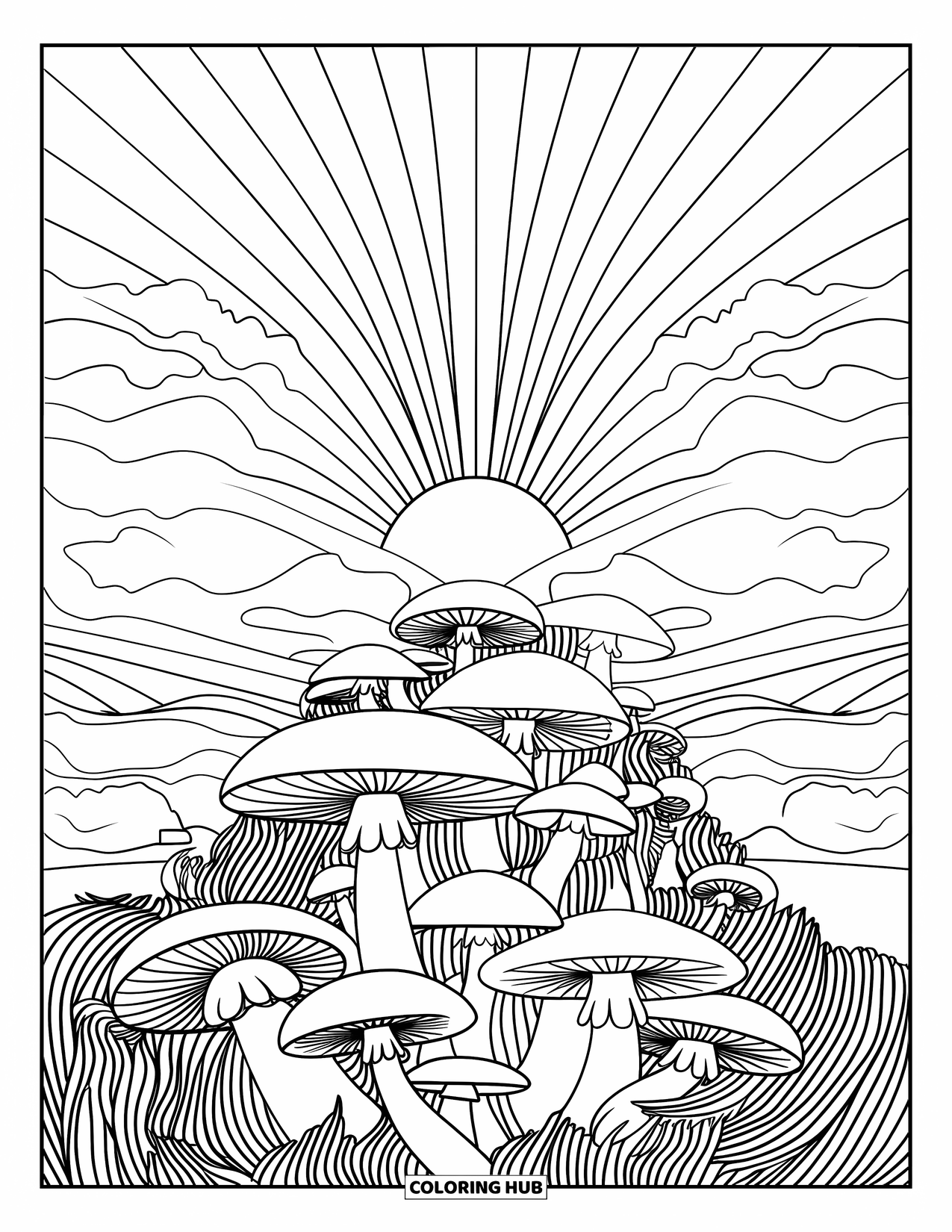 Trippy Mushroom Coloring Page for Kids: Layered mushrooms grow on a hill with a sky bursting with swirling rays