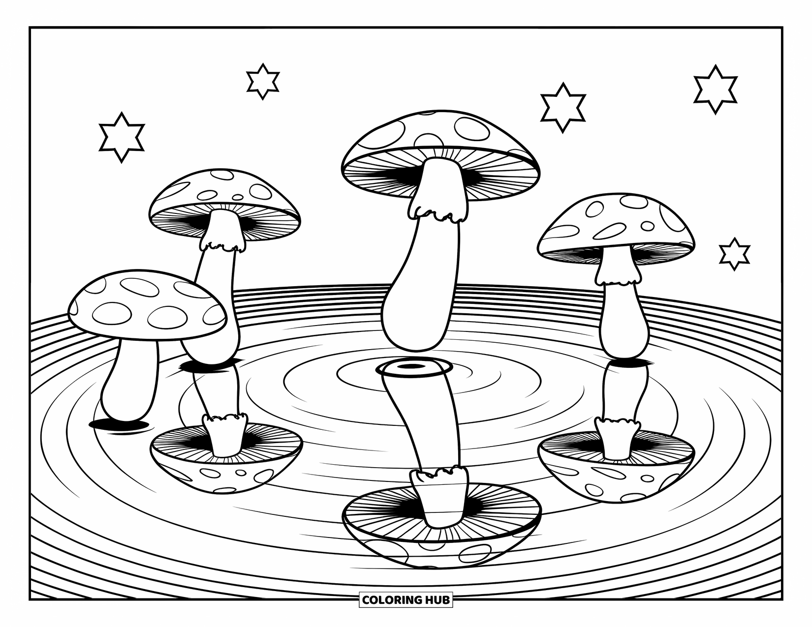 Trippy Mushroom Coloring Page for Kids: Mushrooms and stars reflect in a ripple pond, creating a dreamy, trippy scene