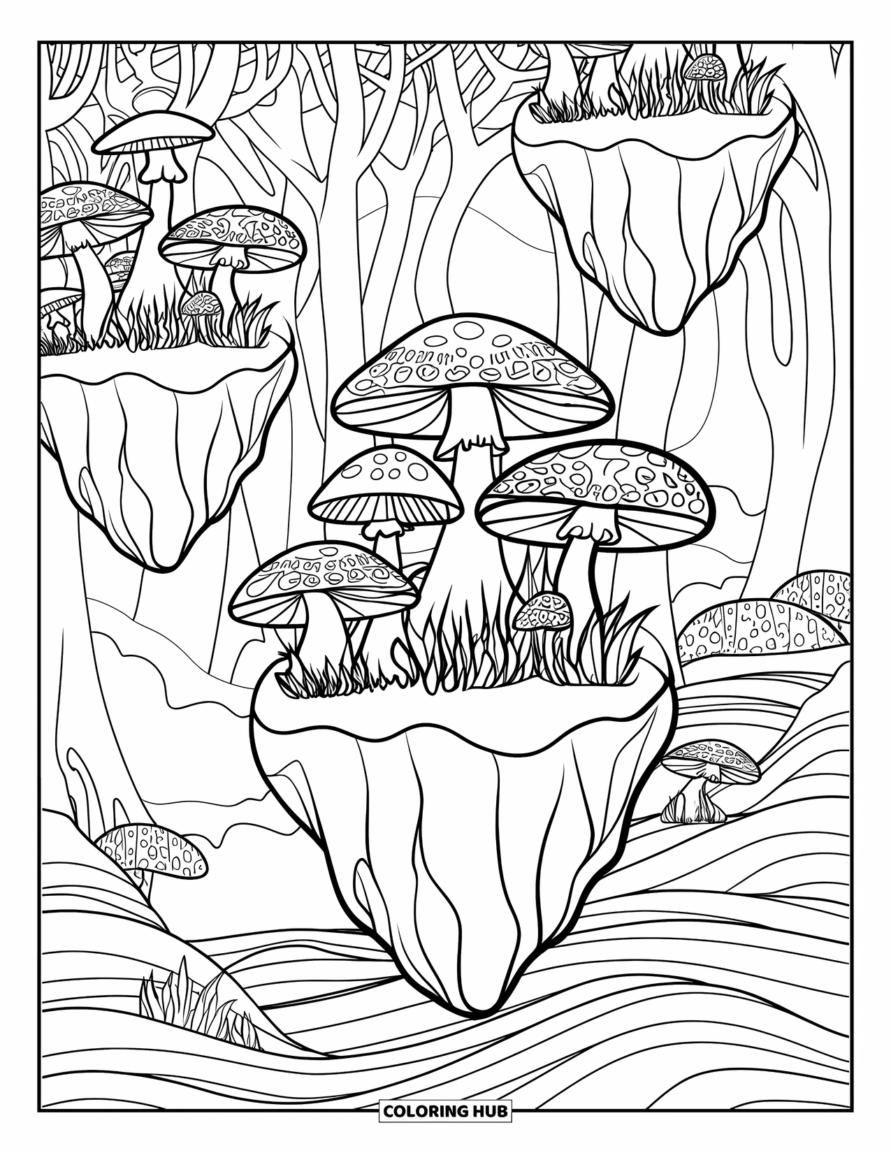 Trippy Mushroom Coloring Page for Kids: Mushrooms grow from floating rocks over a forest with swirling tree patterns