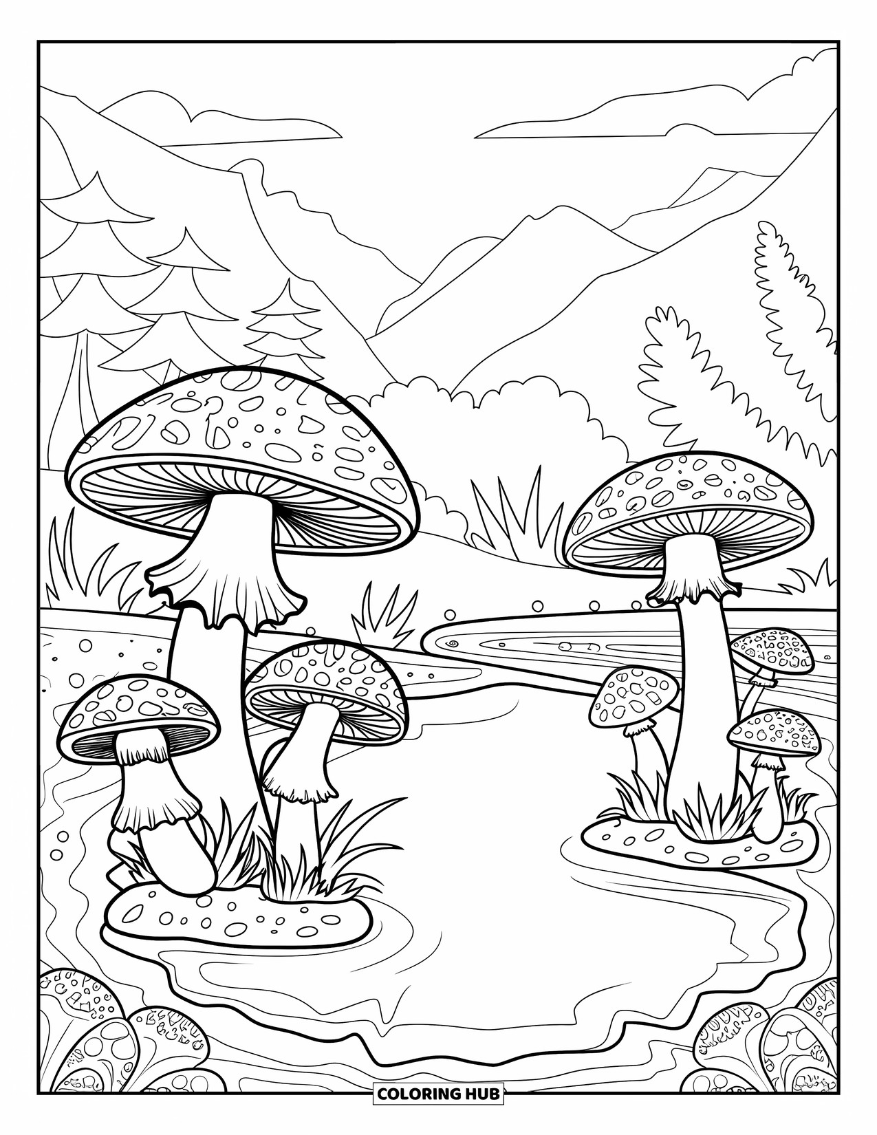 Trippy Mushroom Coloring Page for Kids: Mushrooms grow on rocks beside a peaceful pond in the forest