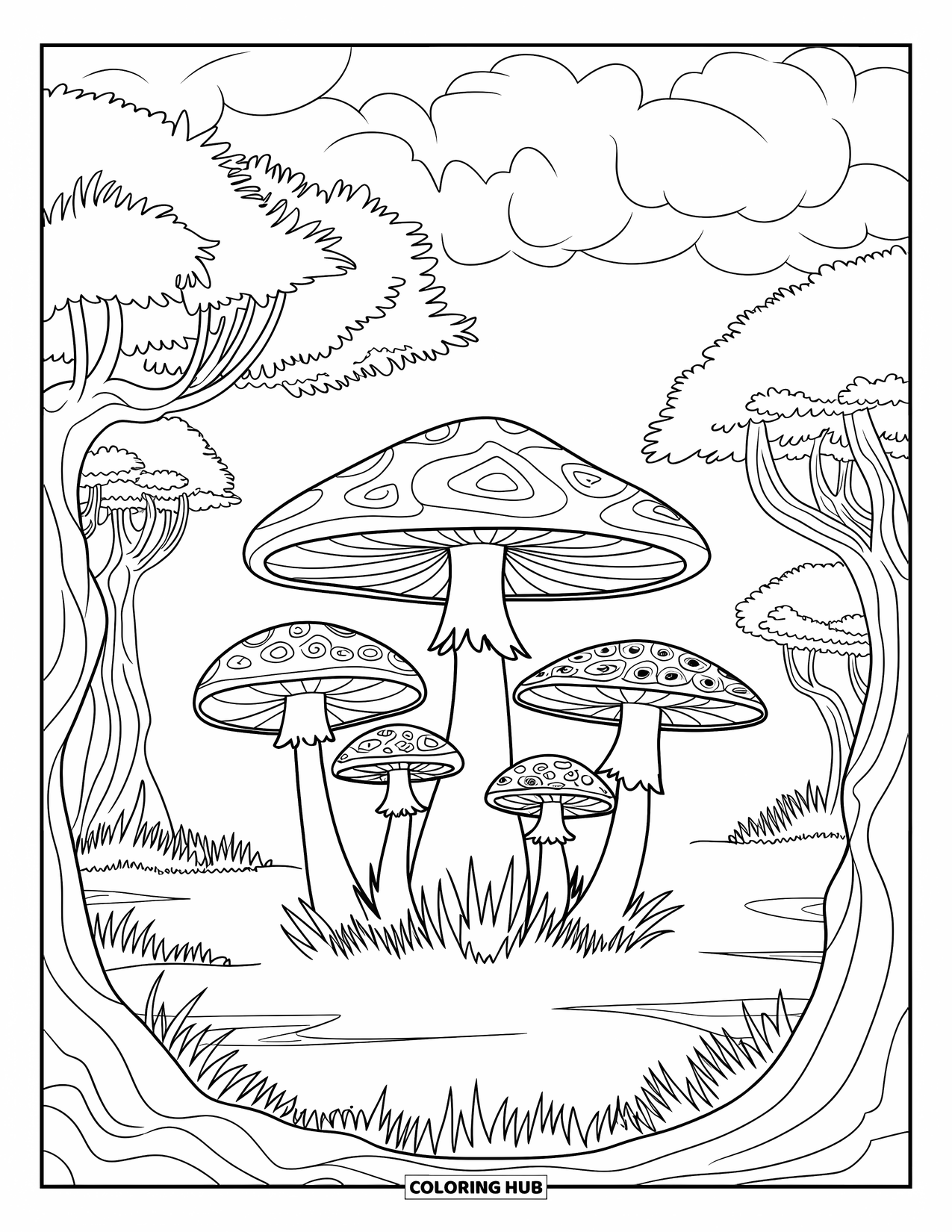 Trippy Mushroom Coloring Page for Kids: Mushrooms with swirly caps form a circle in a grassy forest clearing