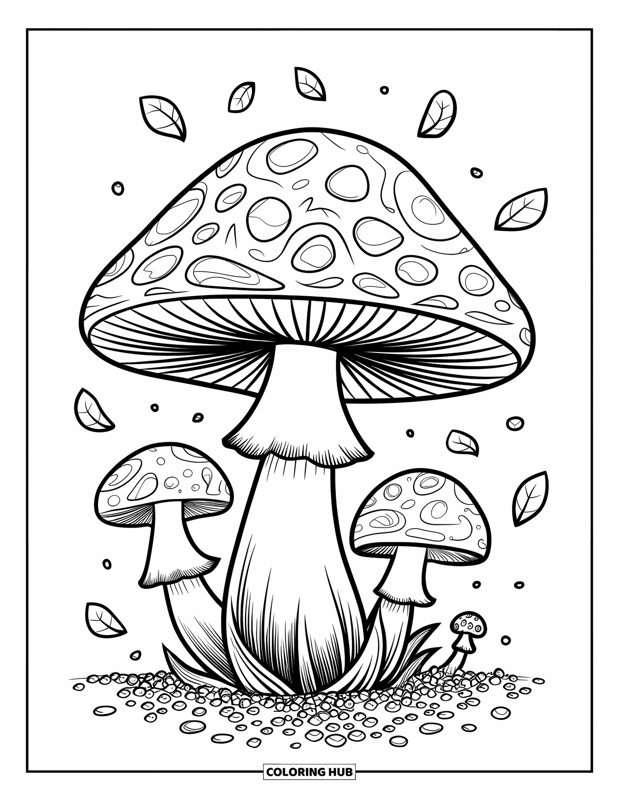 Trippy Mushroom Coloring Page for Kids: One trippy mushroom sits with pebbles and floating leaves around it