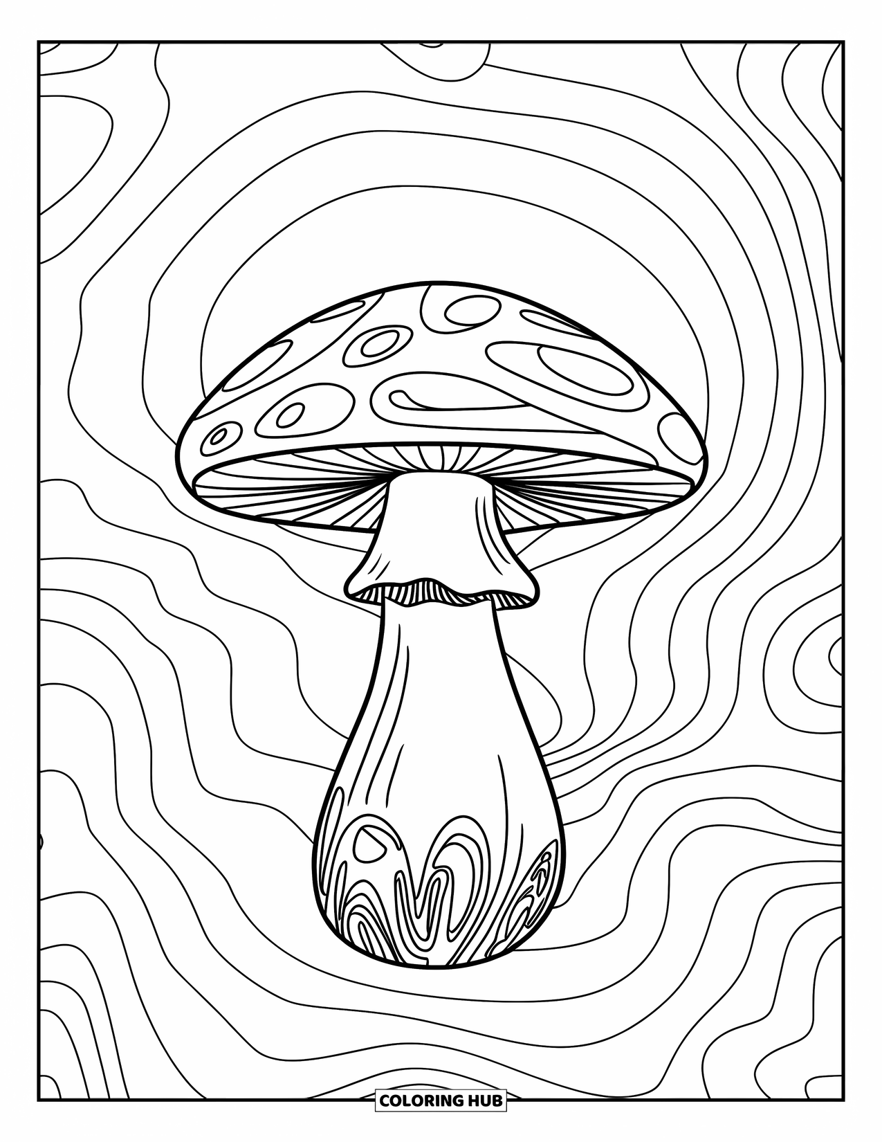 Trippy Mushroom Coloring Page for Kids: One trippy mushroom with spirals stands alone on white