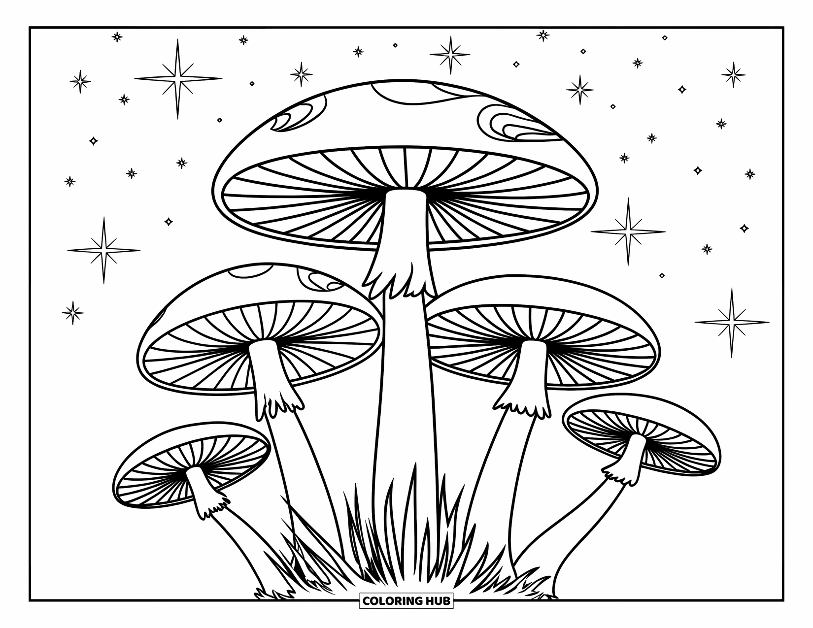 Trippy Mushroom Coloring Page for Kids: Spirals radiate above four tall mushrooms under a star-filled sky