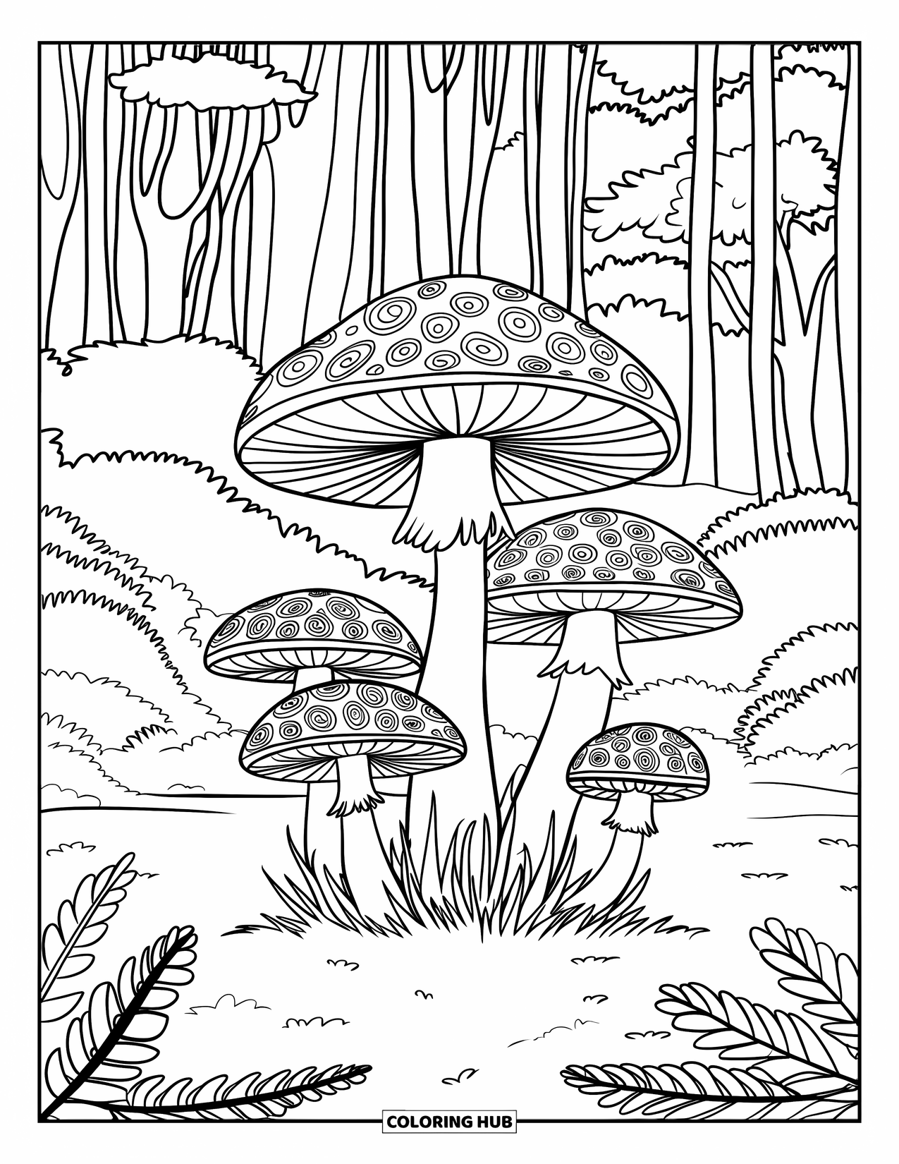 Trippy Mushroom Coloring Page for Kids: Swirly mushrooms grow in a forest clearing surrounded by tall trees