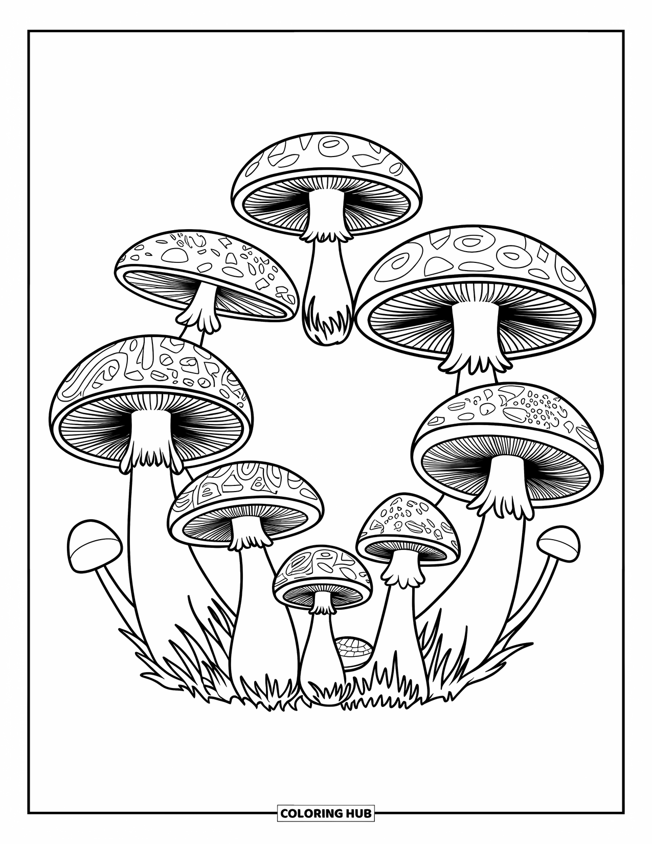 Trippy Mushroom Coloring Page for Kids: Swirly mushrooms in a ring sit among tiny ones in a forest scene