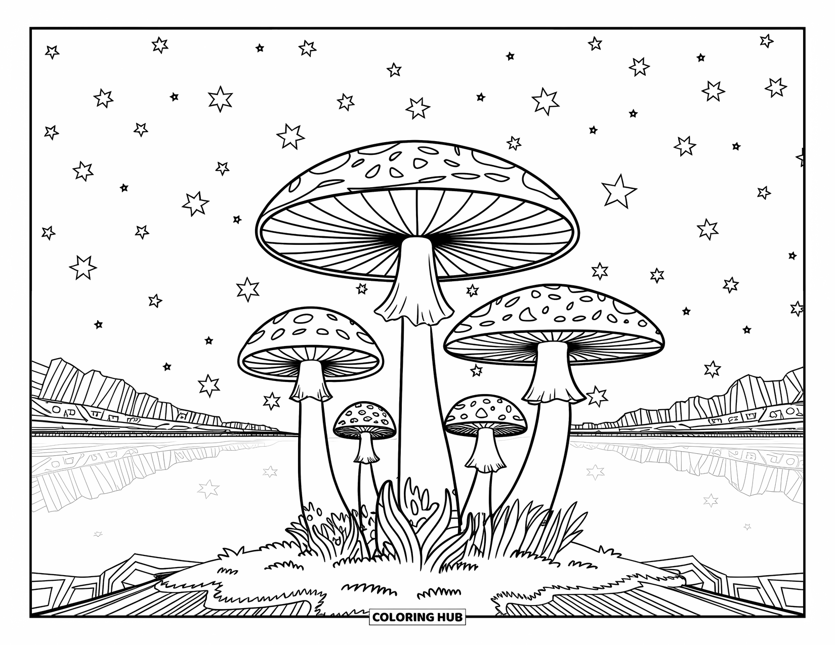 Trippy Mushroom Coloring Page for Kids: Tall mushrooms grow on moss with a calm lake reflecting stars and sky