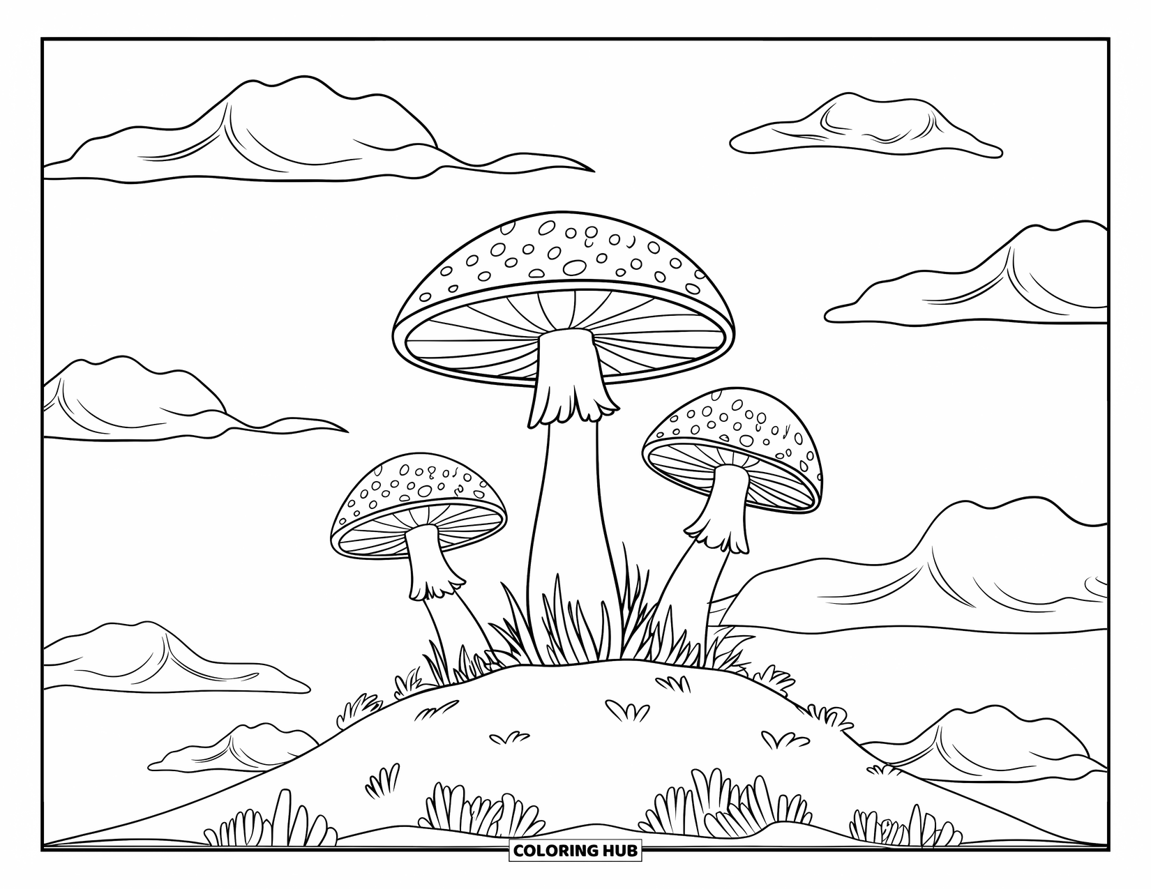 Trippy Mushroom Coloring Page for Kids: Three dotted mushrooms grow on a small hill under puffy clouds