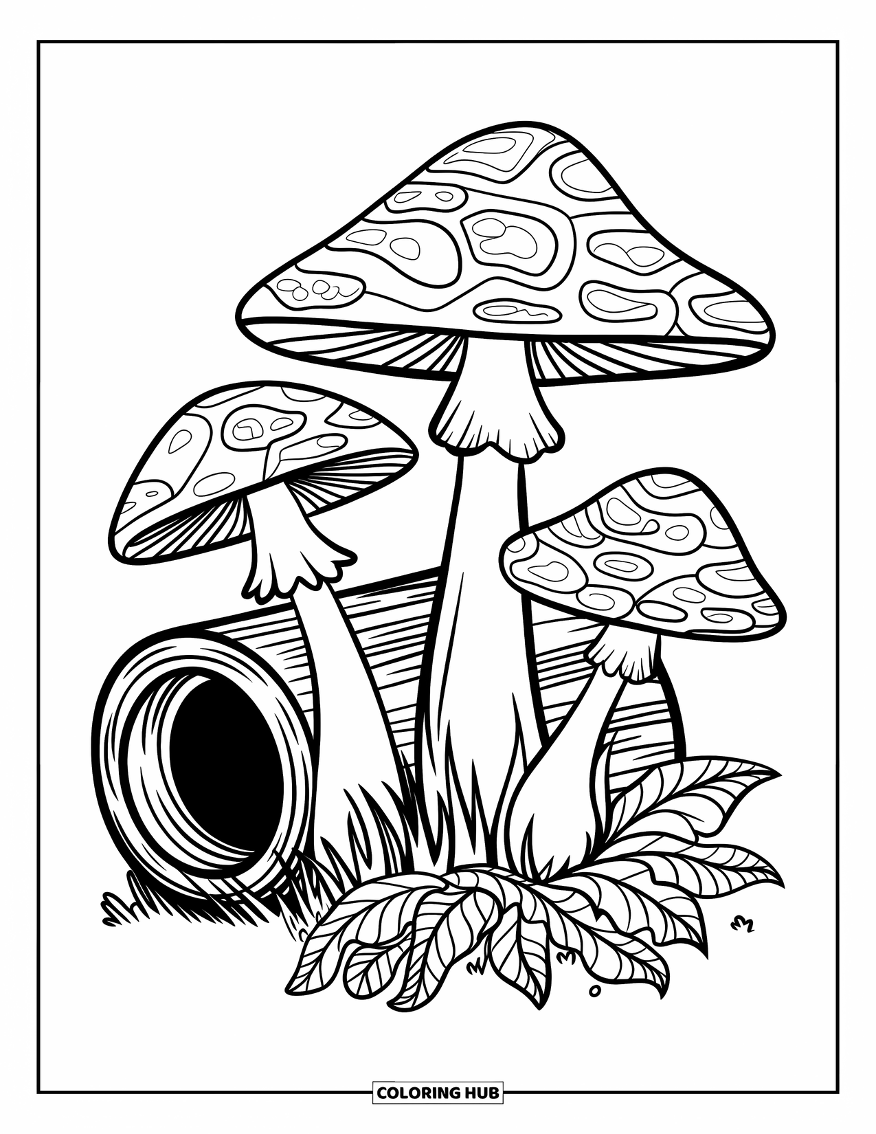 Trippy Mushroom Coloring Page for Kids: Three large mushrooms grow beside a log and leafy vines