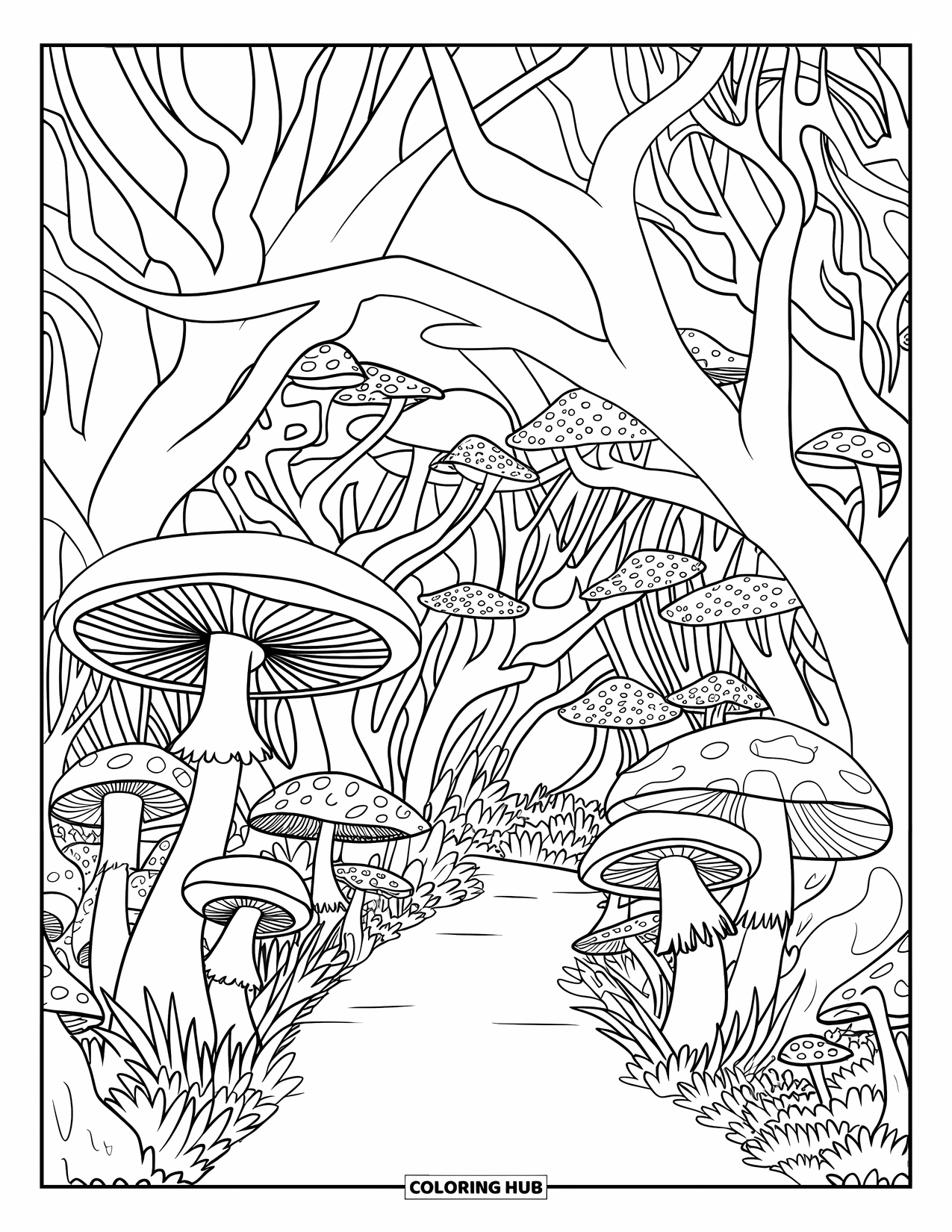Trippy Mushroom Coloring Page for Kids: Trippy mushrooms and tree branches surround a winding trail under a clear sky