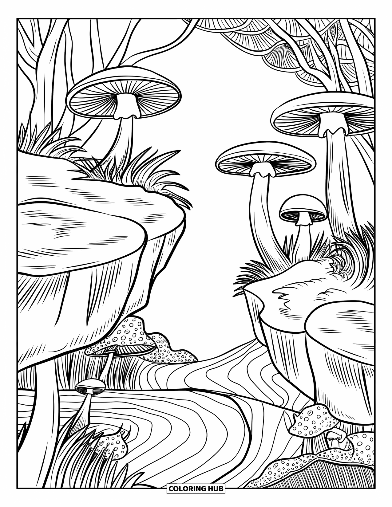 Trippy Mushroom Coloring Page for Kids: Trippy mushrooms grow on floating rocks above a wavy, forest-like ground