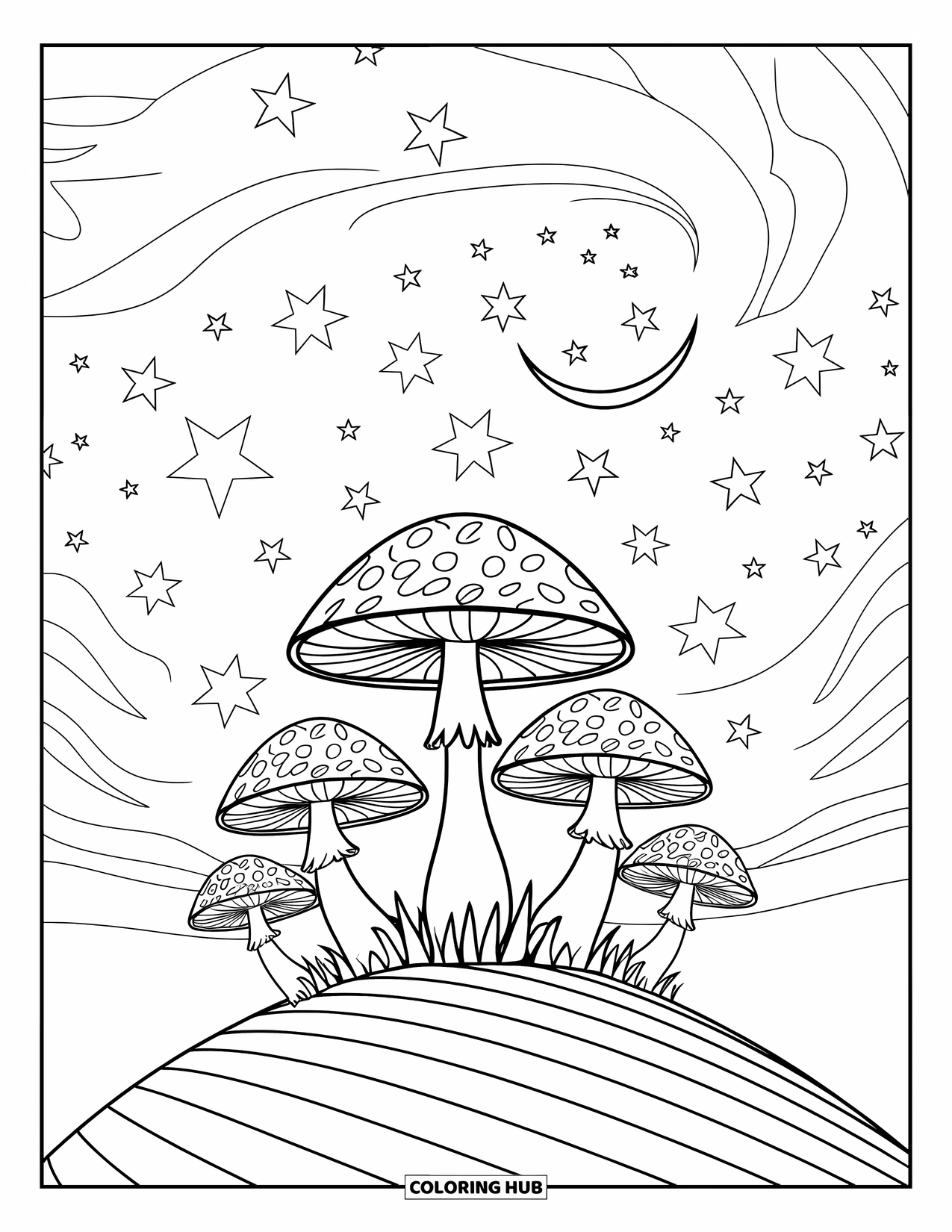 Trippy Mushroom Coloring Page for Kids: Trippy mushrooms sit on a spiral hill under stars and a crescent moon