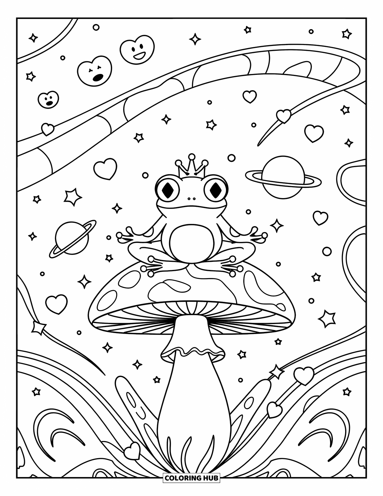 Trippy Stoner Coloring Page for Adults: A crowned cosmic frog sits on a mushroom with hearts and smiley skies