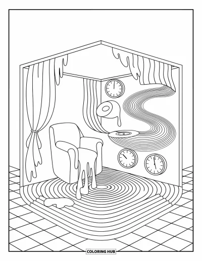 Psychedelische kleurplaat voor volwassenen: Een kubuskamer waar stoelen druipen en klokken door de tijd spiraliseren