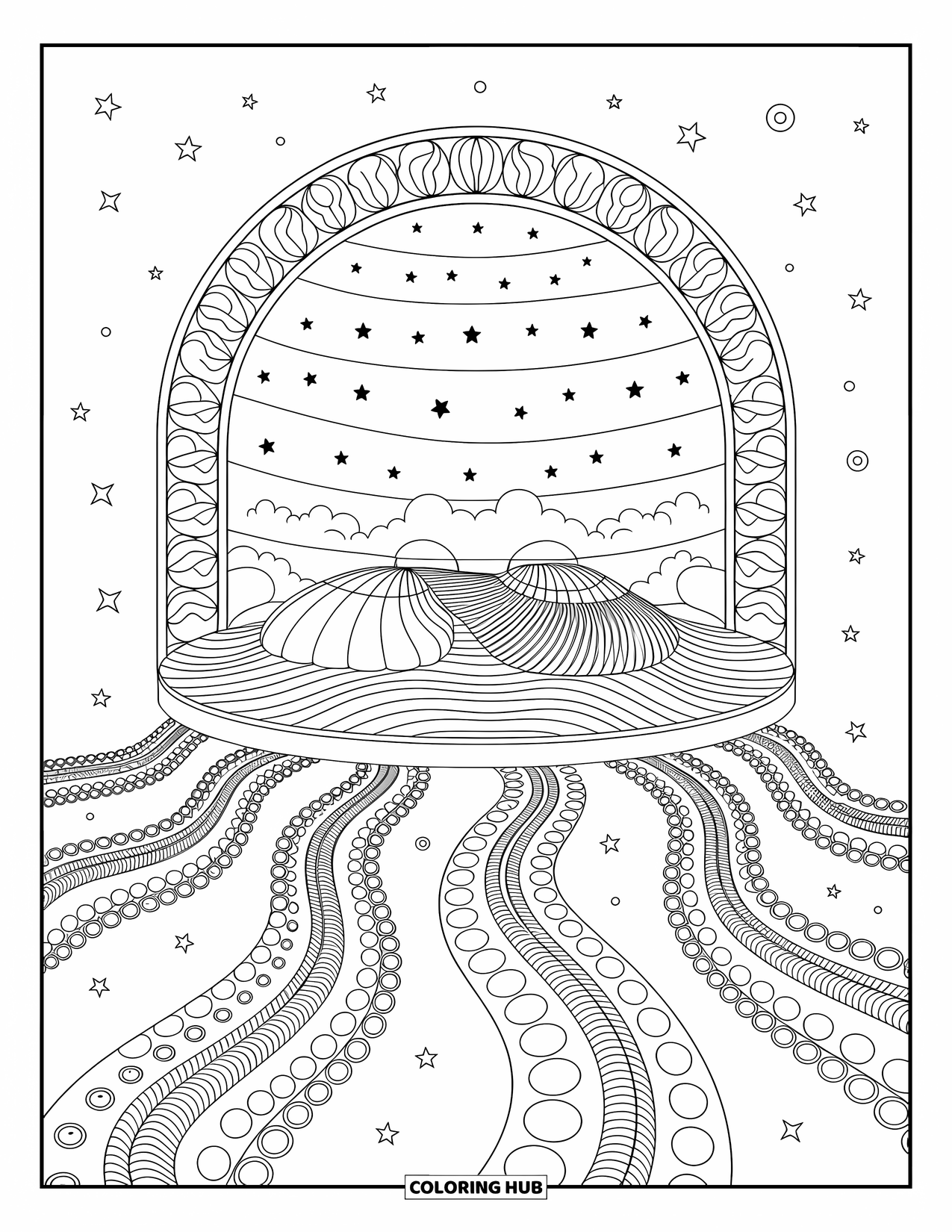 Trippy Stoner Coloring Page for Adults: A dome surrounded by swirling patterns and soft, tentacle-like tapestries