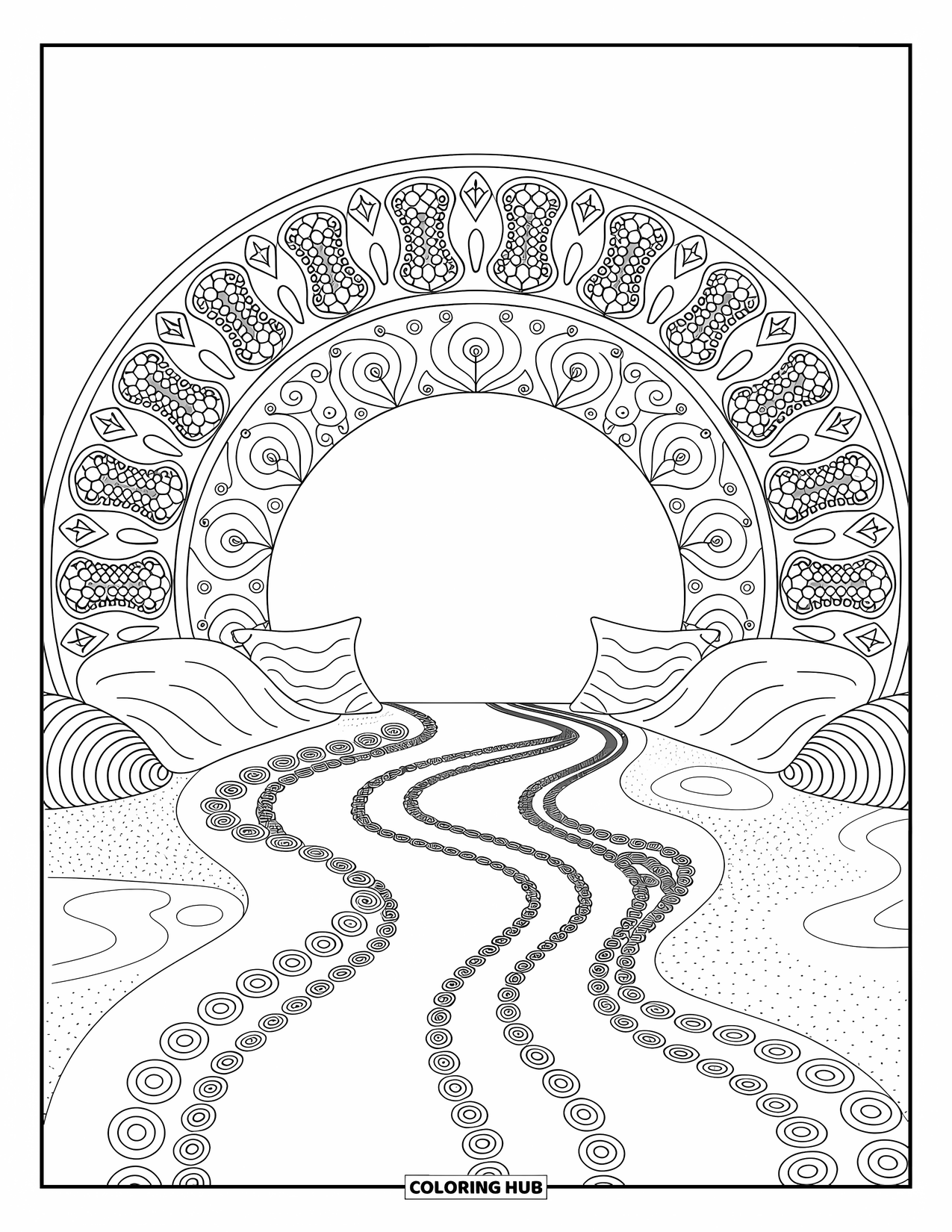 Trippy Stoner Coloring Page for Adults: A dome with swirling carpets and arches of stars and moons