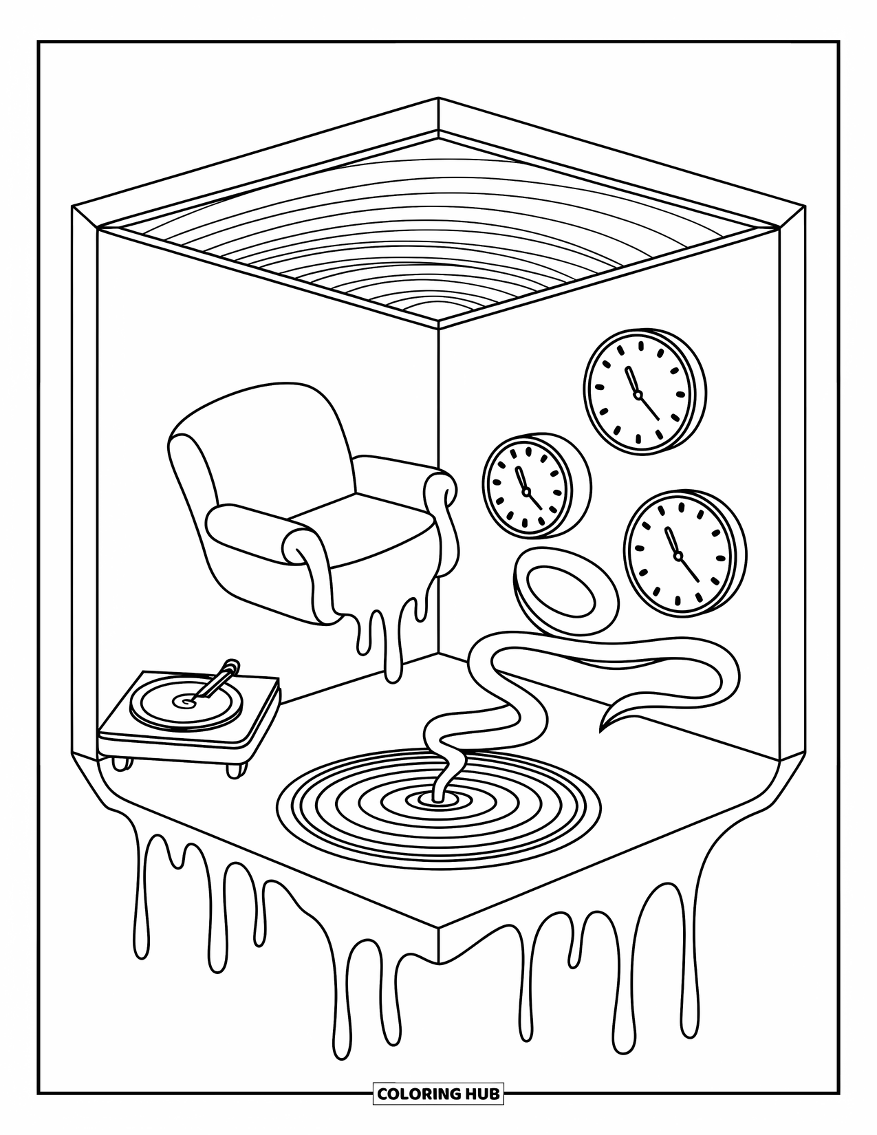 Trippy Stoner Coloring Page for Adults: A dreamy cube room with melting shapes and swirling records