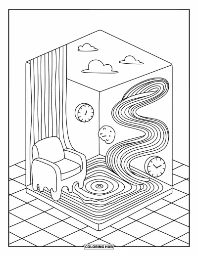 Psychedelische kleurplaat voor volwassenen: Een zwevende kubus met smeltend meubilair en draaiende klokken