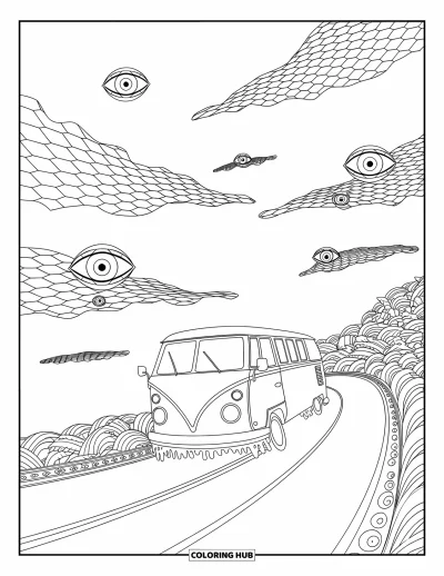 Psychedelische kleurplaat voor volwassenen: Een smeltende bus slingert over een spiraalweg onder vervormde wolken en ogen
