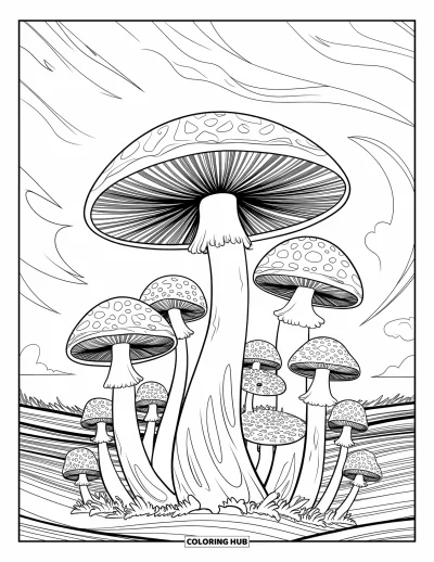 Psychedelische kleurplaat voor volwassenen: Een paddenstoelenbosse met patronen op de hoeden en een hemel van wervelende wolken