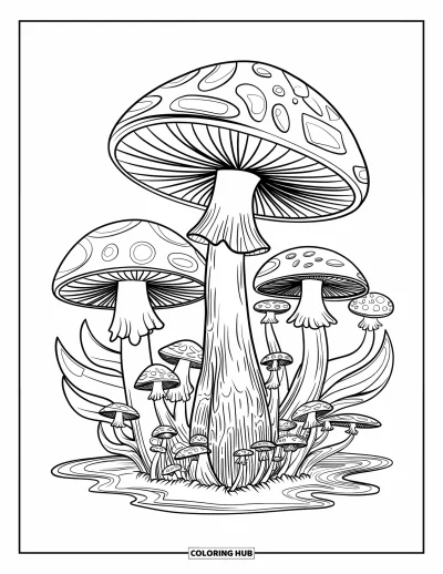 Psychedelische kleurplaat voor volwassenen: Een paddenstoelenbosse met wervelende stelen, spiraalvormige bladeren en drijvende kosmische mist