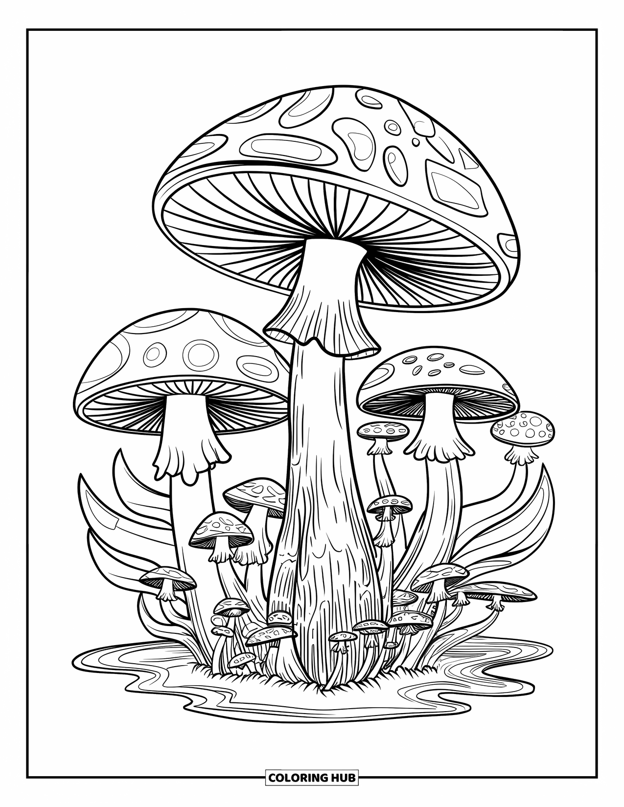 Trippy Stoner Coloring Page for Adults: A mushroom forest with swirling stems, spiral leaves, and drifting cosmic fog