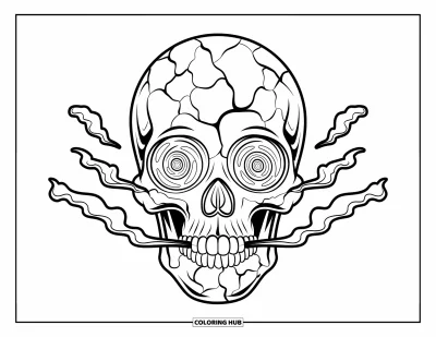 Psychedelische kleurplaat voor volwassenen: Een schedel met bloemenbarsten en spiraalogen die rooksporen loslaten