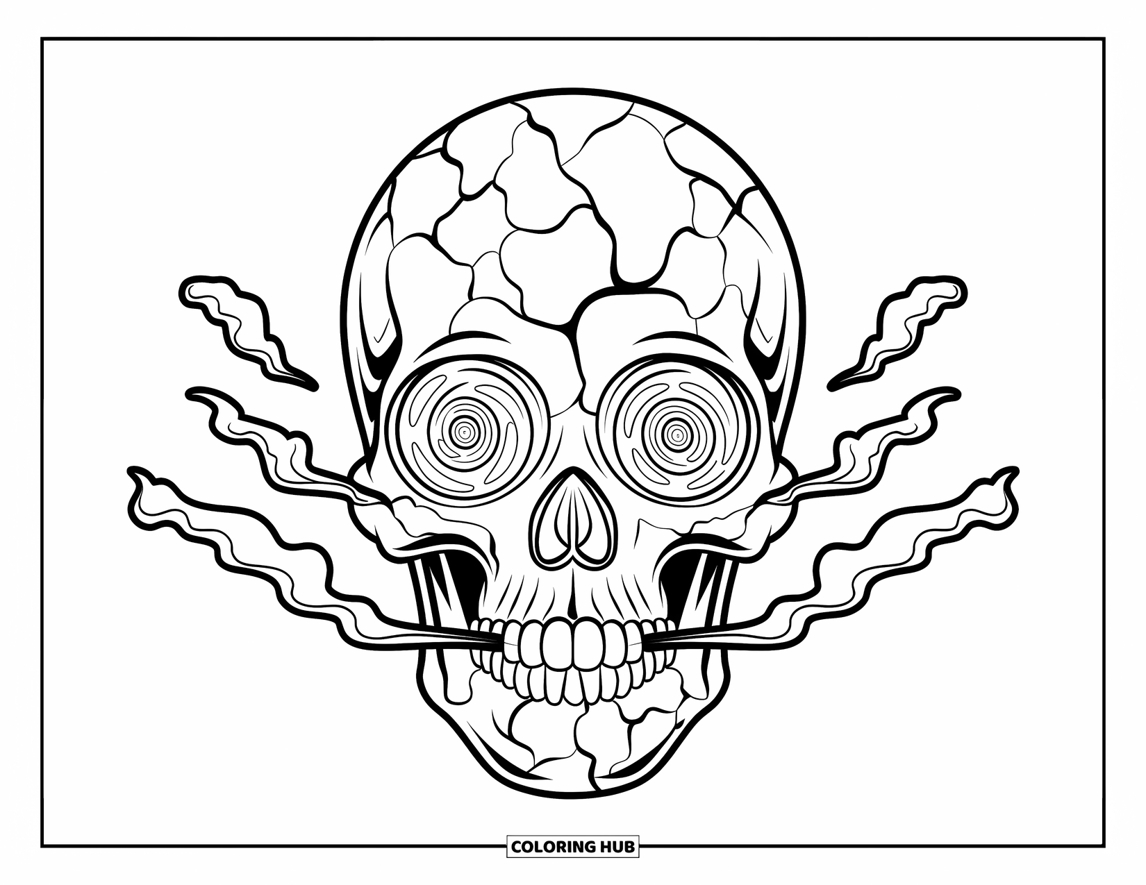 Trippy Stoner Coloring Page for Adults: A skull with floral cracks and spiraled eyes drifting with smoke trails
