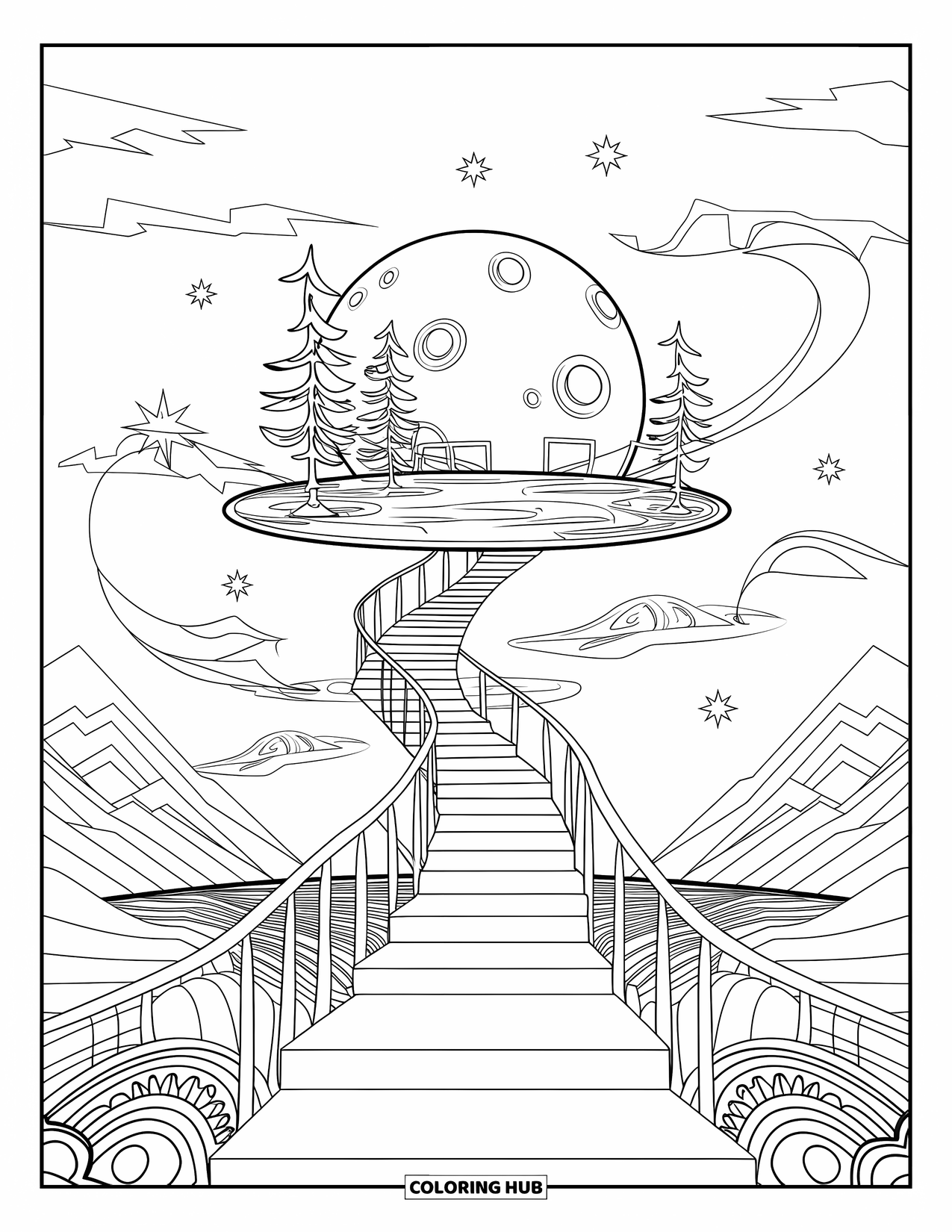 Trippy Stoner Coloring Page for Adults: A staircase climbs to a moon platform surrounded by mountains and clouds