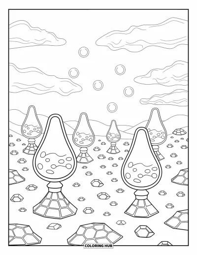 Psychedelische kleurplaat voor volwassenen: Een surrealistisch veld van zweefpeulen die gloeien als lavalampen