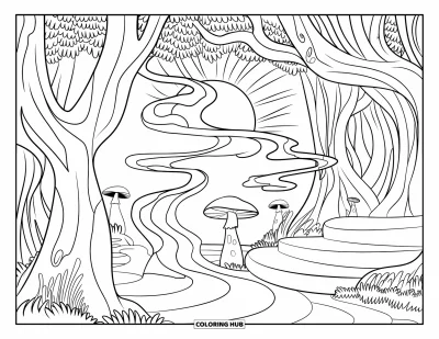 Psychedelische kleurplaat voor volwassenen: Een surrealistisch bos met krullende bomen, slappe zonnestralen en dromerige rooksporen