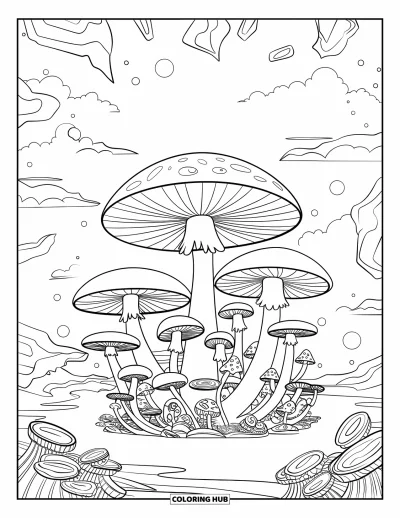 Psychedelische kleurplaat voor volwassenen: Een surrealistisch paddenstoelenbosse met mist, wolken en zwevende abstracte vormen